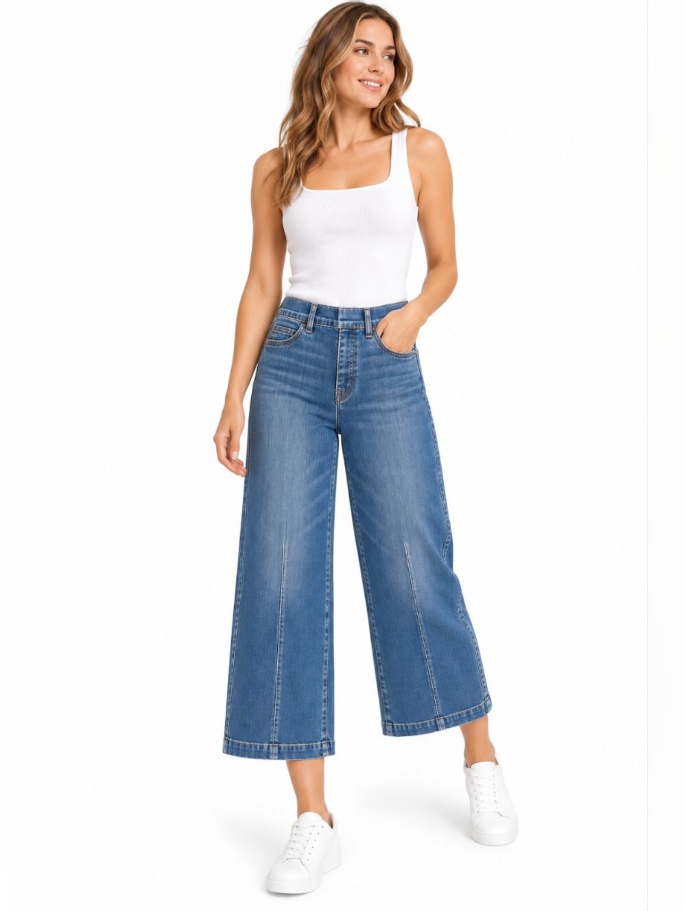 SPANX Medium Petite Wide Leg Jeans High Rise Pull On Stretch Denim